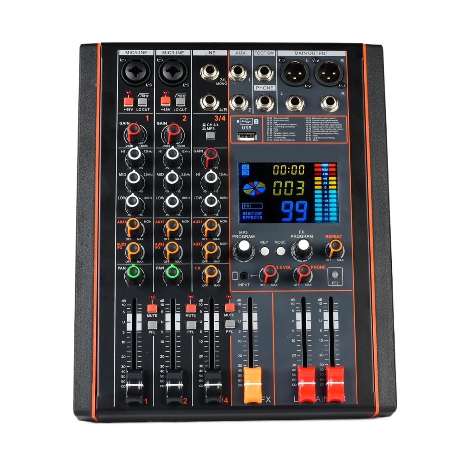4-kanałowa Konsola Miksująca 48 V Bluetooth USB Nagrywanie Na PC 99 Efektów AUX Audio Mikser Dźwięku Do Sceny, Kościoła
