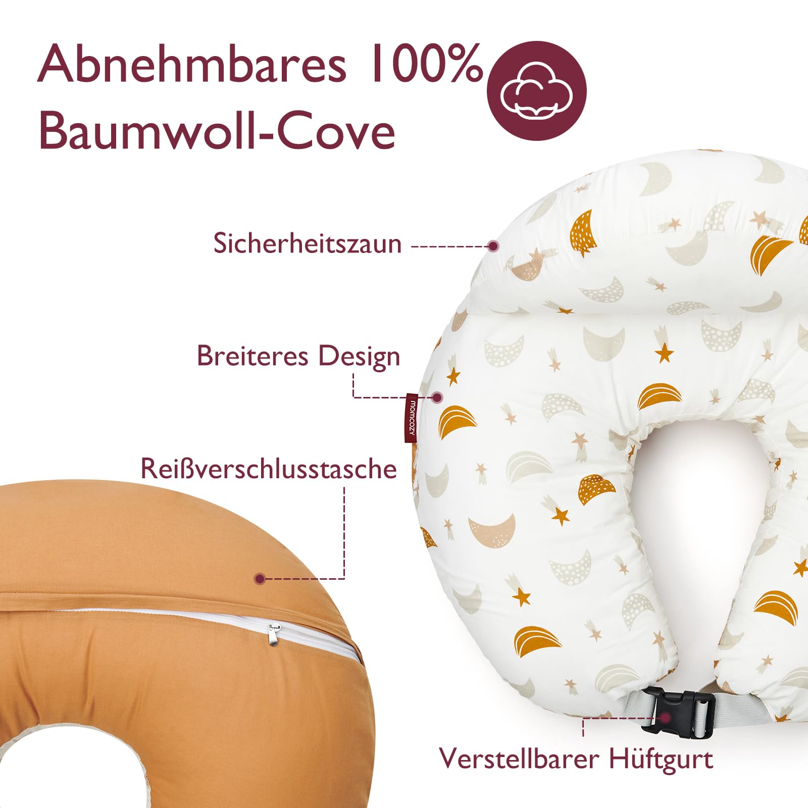 Momcozy Stillkissen mit Sicherheitsumrandung – Ergonomisches Still- und Lagerungskissen mit verstellbarem Gurt & abnehmbarem Baumwollbezug,Meteoritenschauer