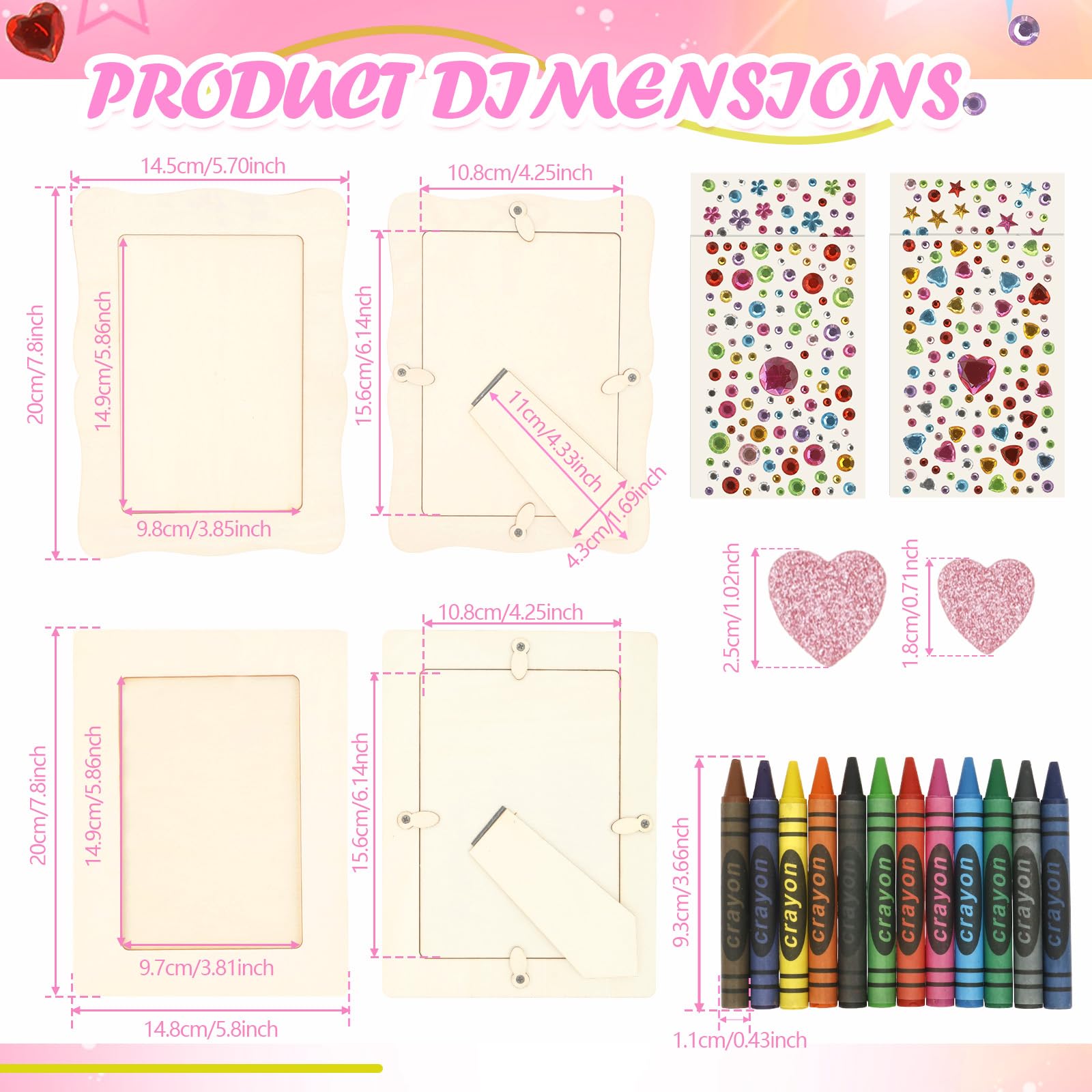 24 Stück Holzbilderrahmen zum Bemalen Set | DIY Fotorahmen Holz Unbehandelt mit Glitzersteinen Sticker und Stiften Kindergeburtstag Bastelset Stehend Hängend