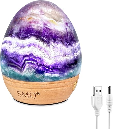 SMQ Luz nocturna de cristal de fluorita arco iris, 2 colores, recargable por USB, regulable, control táctil, forma de huevo, lámpara LED de mesita