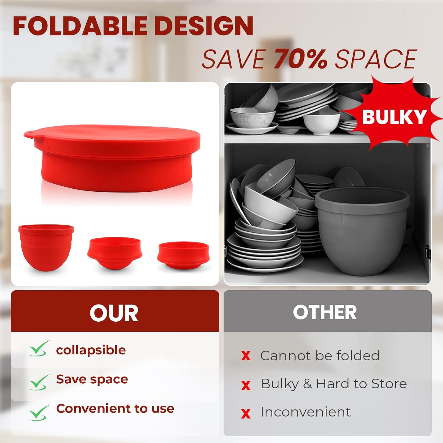 [3-Pack] Collapsible Silicone Mixing Bowl Liners Compatible with KitchenAid 5 Qt Tilt-Head Mixers - Includes 3 Liners & 3 Lids - Foldable Space Saving, Microwave & Dishwasher Safe Accessories