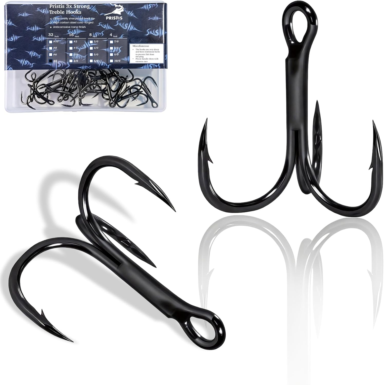 Pristis 3X Strong Fishing Treble Hooks, High Carbon Steel Sharp Barbed Tripple Round Bend Hook Kit Set for Lure Bait, Needle Point for Saltwater Freshwater Bass Trout Tuna Catfish Pike