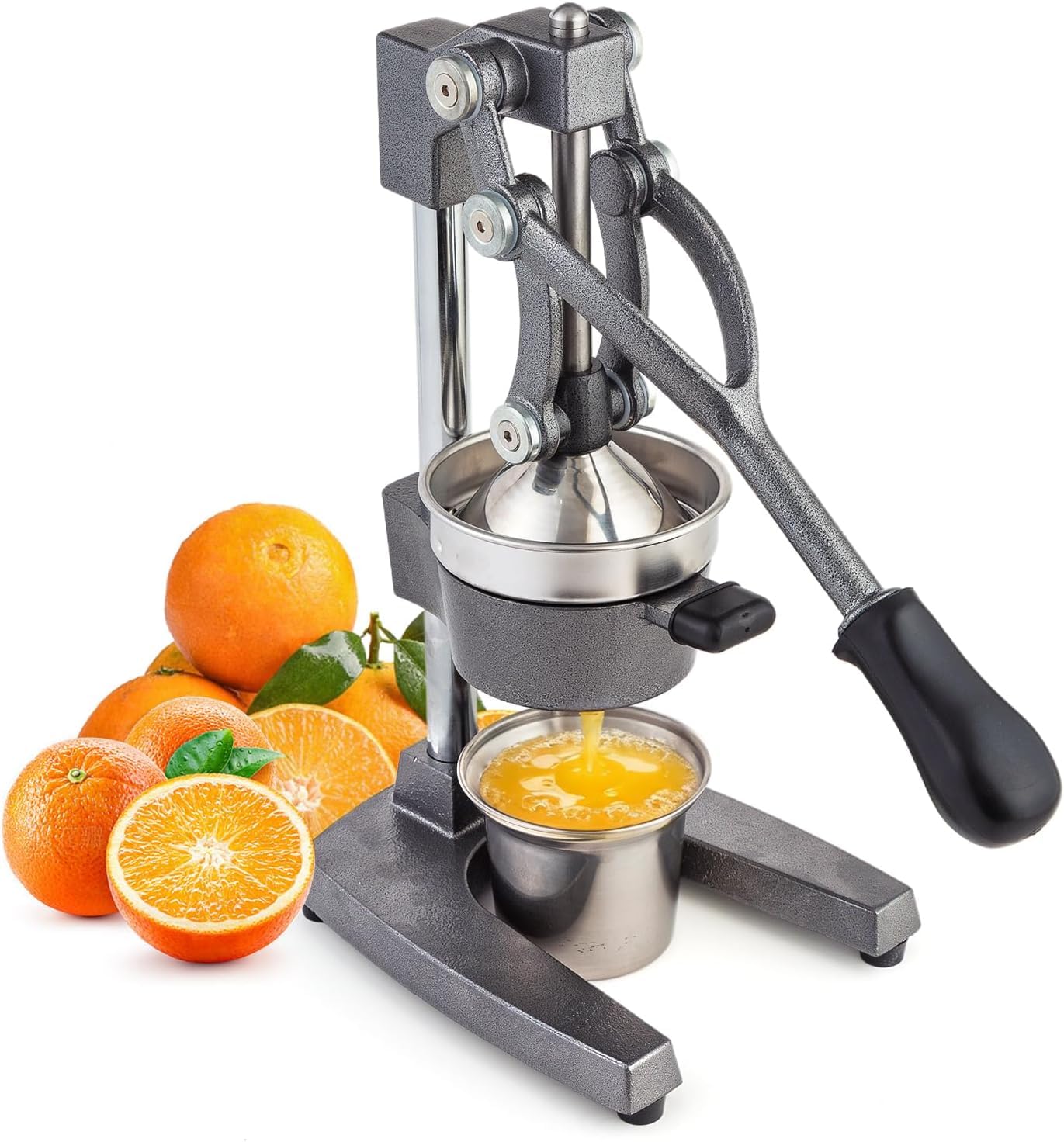Presse-agrumes manuel en fonte robuste – Presse manuelle pour citron, grenade, citron vert et agrumes, avec gobelet en acier inoxydable, facile à nettoyer, noir (argent)