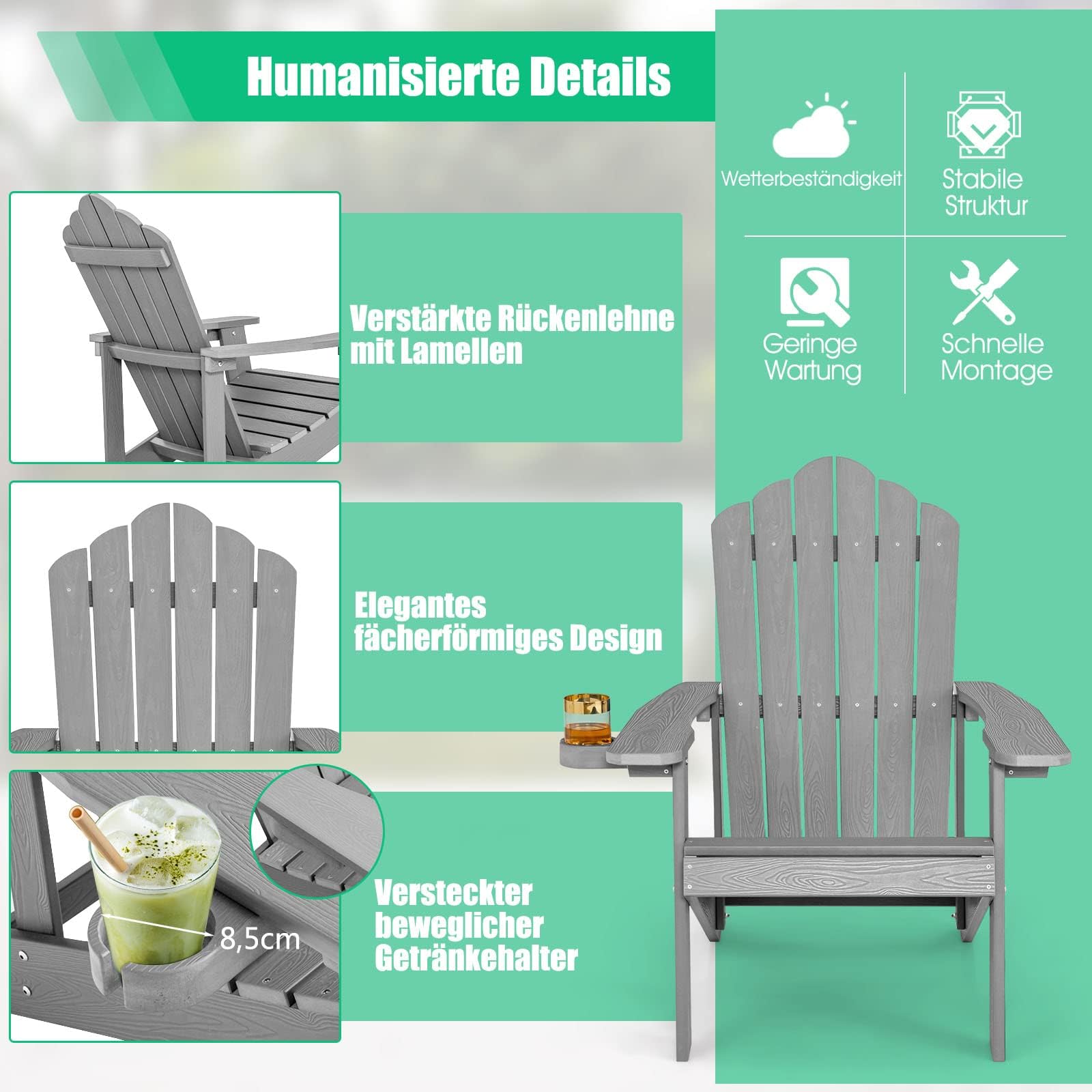 FANTASK Silla Adirondack con Soporte para Bebidas, Resistente a la Intemperie, de plástico, 170 kg, Color Gris Claro