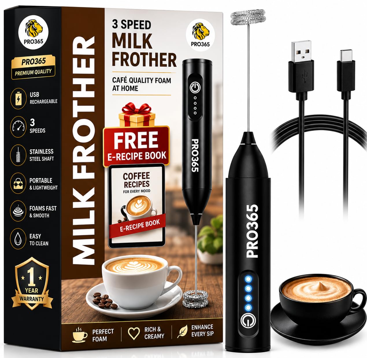 PRO365 Quick Charge Hand Blender | Portable Food-Grade Steel Mesh | 3-Speed | USB Rechargeable | Dual Spring Stirrer | for Lattes, Coffee & Milkshakes | 6 Months Warranty-picture-44