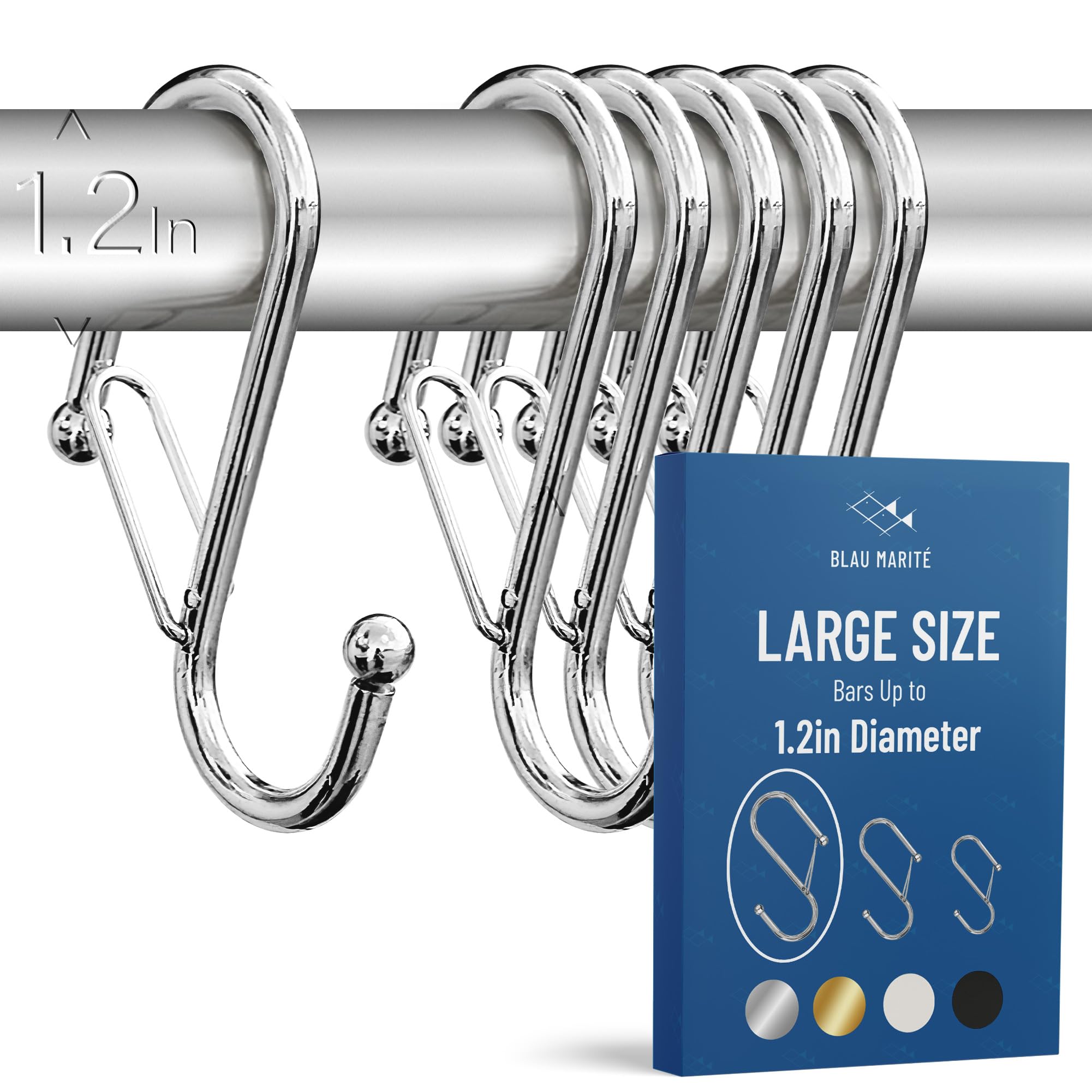 Blau Marité 6-Pack Metal S Hooks for Hanging – Heavy-Duty S-Shaped Hook with Safety Buckle – Fits Bars up to 1.2 in – Anti-Drop S-Hooks for Closet, Wardrobes & Storage – Silver (Large)