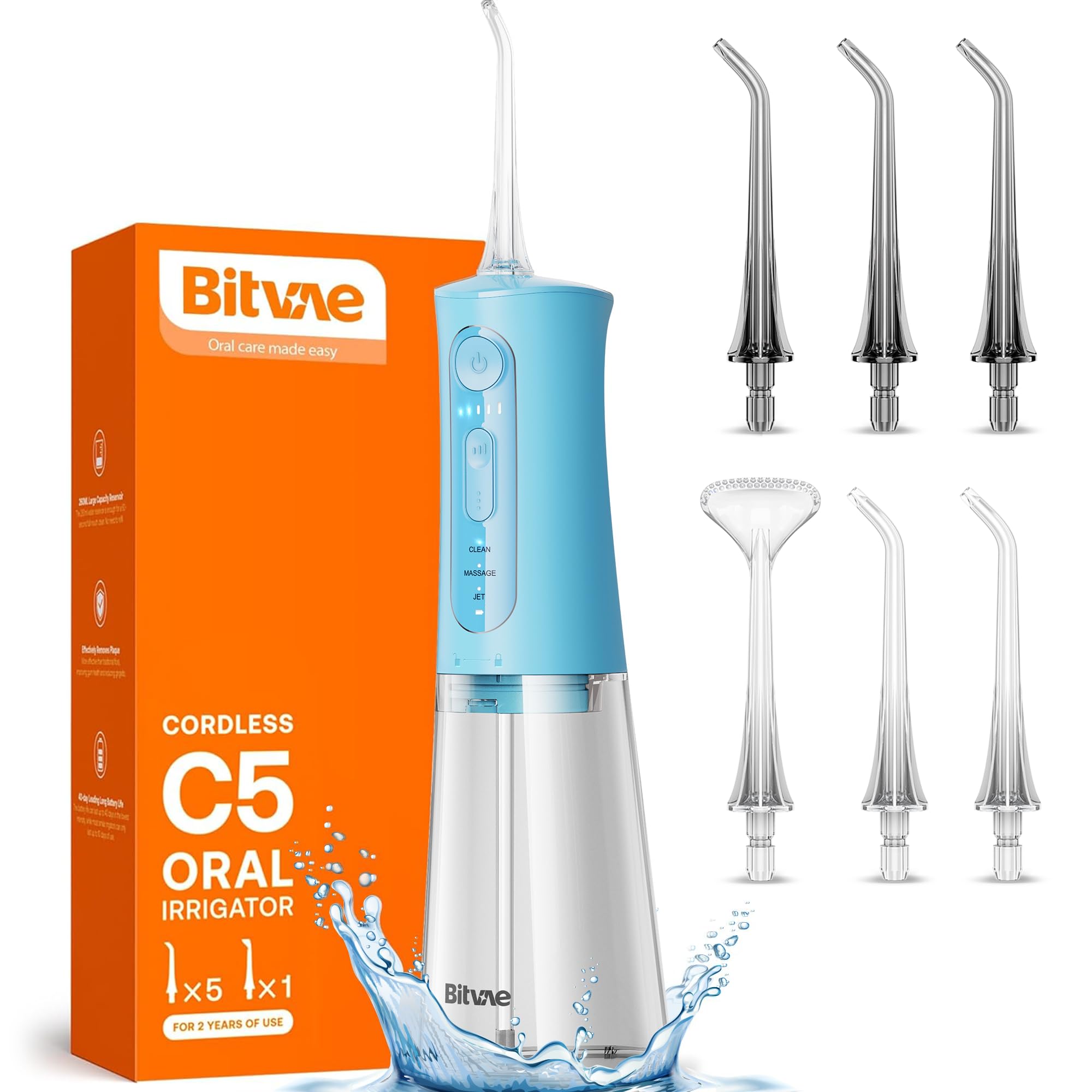 Photo 1 of ***MISSING 2 TIPS***
Bitvae C5 Water flosser for Teeth, Cordless Water Teeth Cleaner Picks, IPX7 Waterproof Water Flosser, 3 Modes 6 Jet Tips, USB Rechargeable Water Dental Picks for Cleaning - Sky Blue