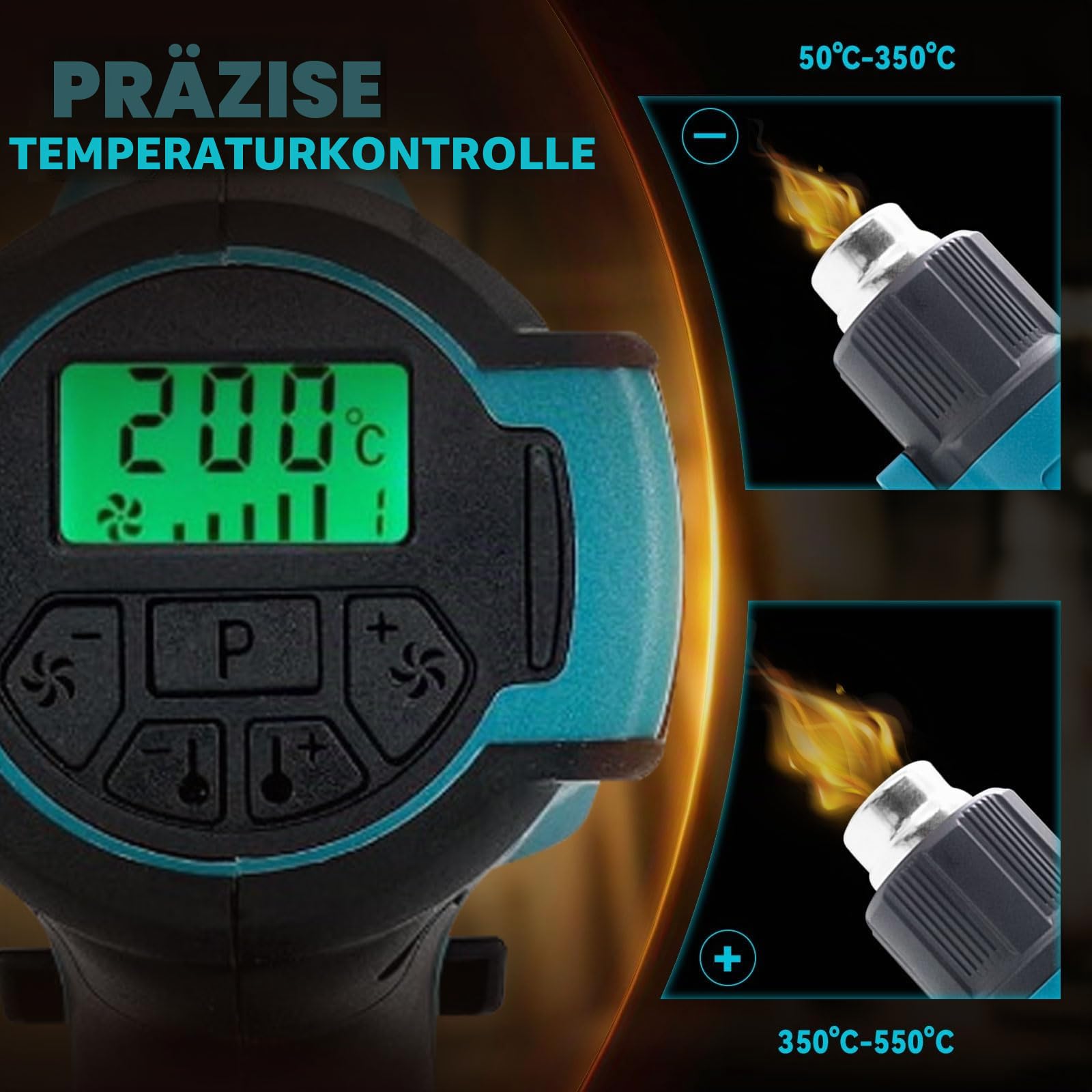 Akku-Heißluftpistole kompatibel mit Makita 18V, Variable Temperaturregelung 50℃-550℃ Elektrische Heißluftfön Schnelle Erwärmung mit LED Anzeige zum Entlacken, Löten mit 5 Düsen(ohne Batterie)