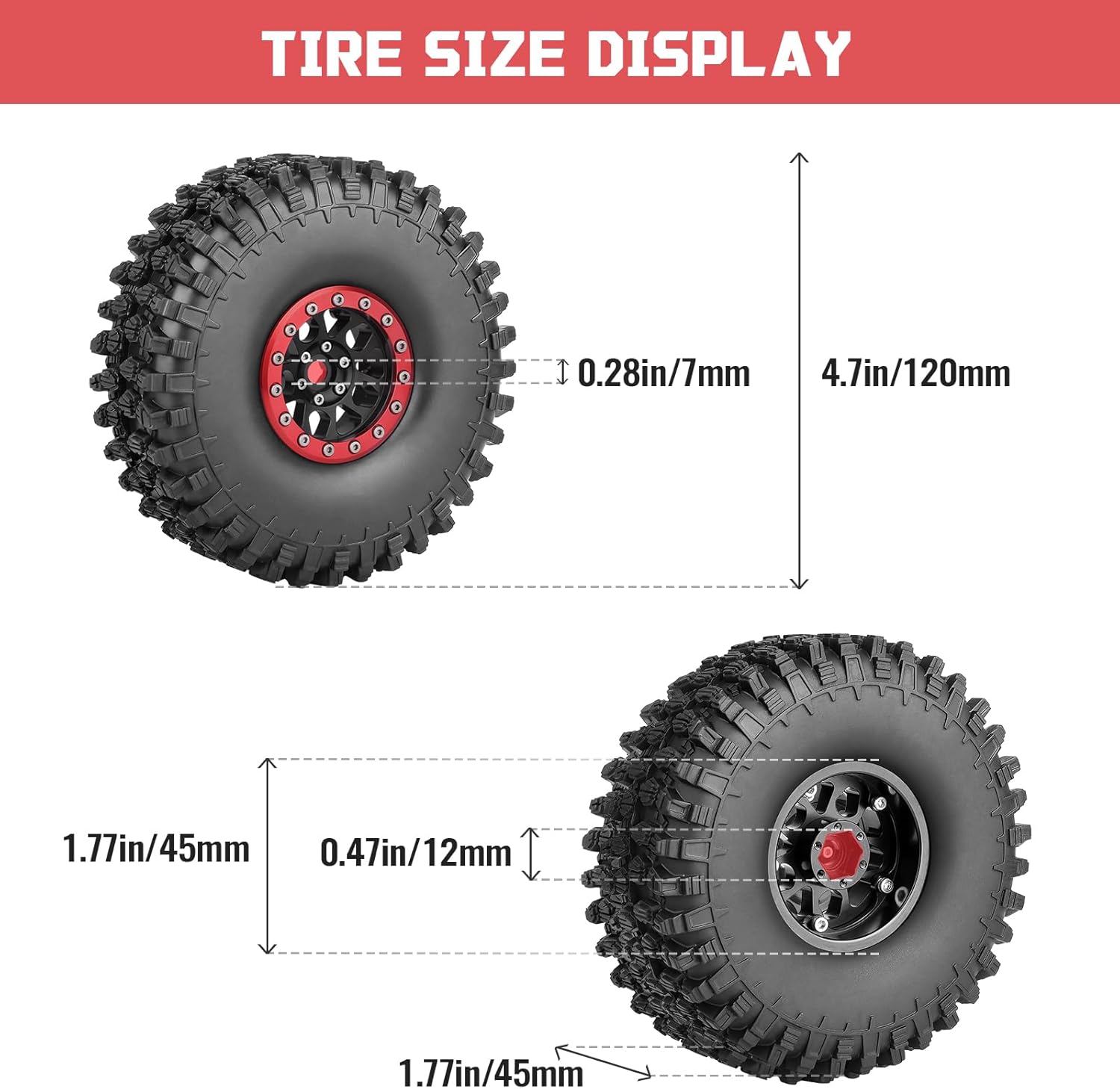 4pcs FriHobby High-Performance 1.9 Inch Beadlock Wheels and Tires Set Soft Good Grip for 1/10 Scale RC Crawler Cars Trucks Compatible with Traxxas TRX4 Axial SCX10 Redcat Gen 8 (Red Rims)