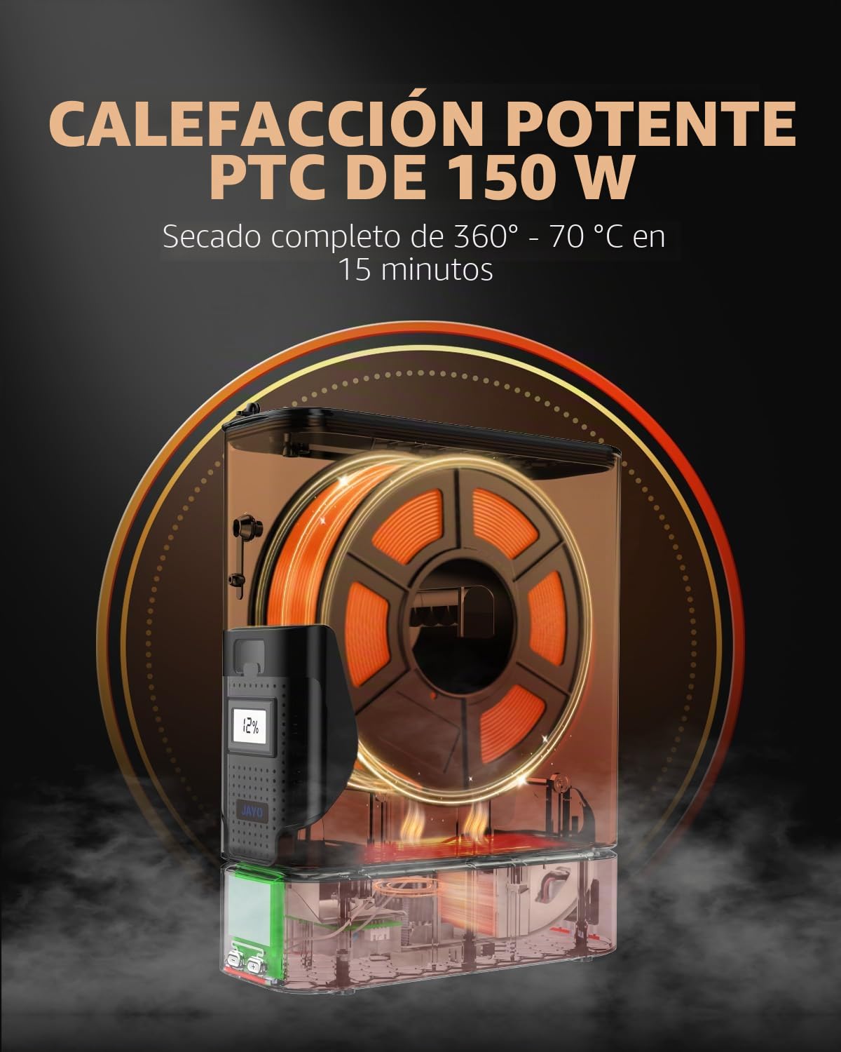 JAYO Secador de Filamento 3D, 150W PTC Calentador, Caja de Secado y Almacenamiento, Higrómetro Integrado, Diseño Apilable, Compatible 1.75/2.85mm (PLA, PETG, ABS, Nylon, TPU)