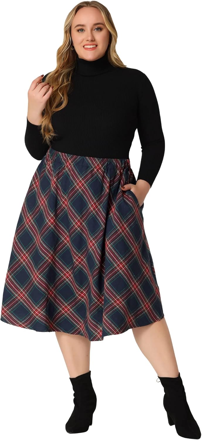 Agnes Orinda Plus Size Vintage Skirt for Women A-line Plaid Printed Flare Elastic High Waist Christmas Midi Skirts - Image 4