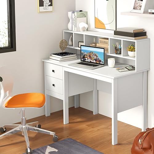 Miniatura 2 de Giantex White Desk with Drawers & Hutch, Home Office Desk with Charging Station, 5 Storage Cubbies, Makeup Vanity Table, Modern Study Writing Desk,