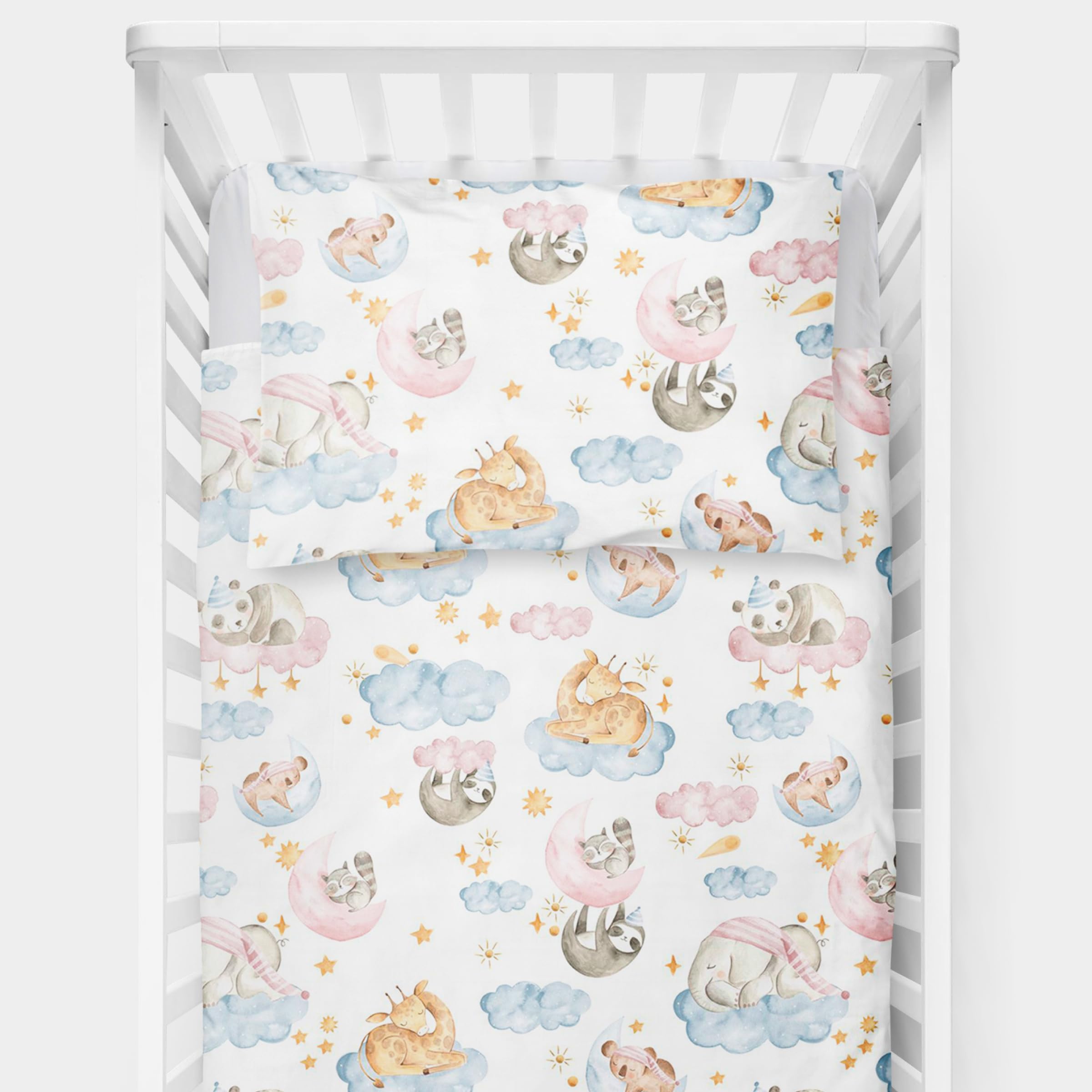 Baby Comfort 4 Piece Toddler Kids Cot Bed Set 120x90 cm Duvet Pillow Duvet Cover Pillowcase 12M+ (Animals in clouds)