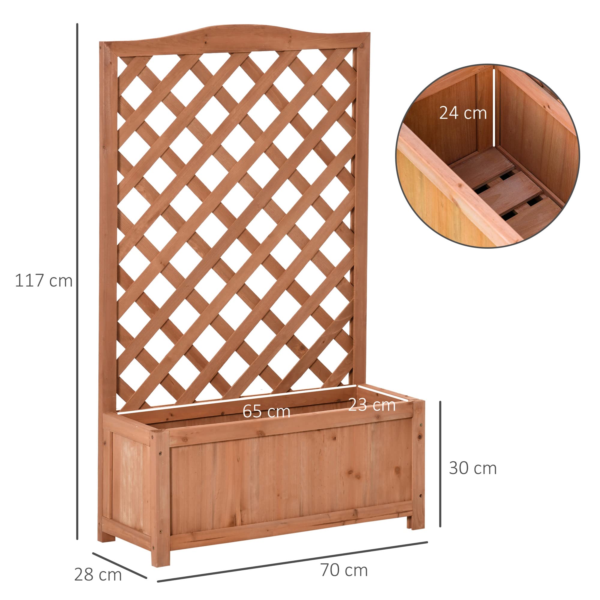 Outsunny Sadzarka na kwiaty z kratką - taca na kwiaty - dim. 70L x 28l x 117H cm - Listwy dna - Drewno jodła wstępnie naoliwiona