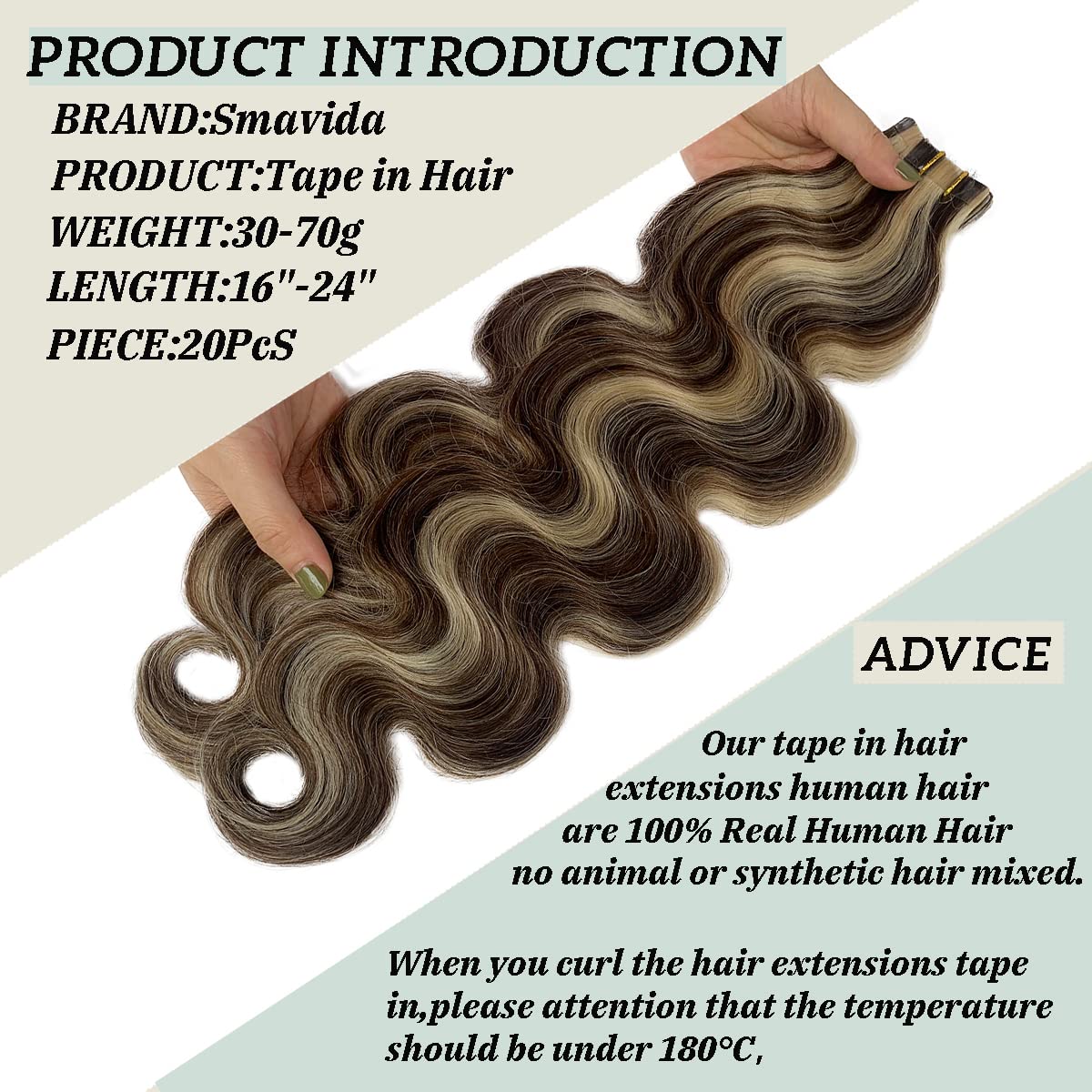 20" Long Tape in Hair Extensions Medium Brown to Bleach Blonde Lowlights 50grams 20pcs Skin Weft Heat Resistant Straight Real Human Hair Tape Balayage Extensions
