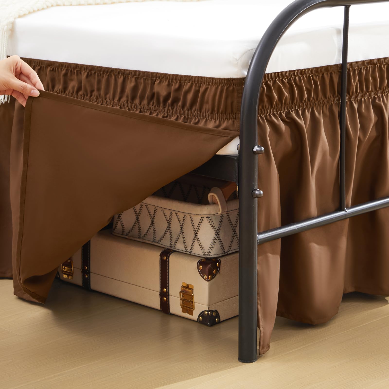 RIMELA Chocolate Brown Bed Skirts with Split Corners King Size 15 Inch Drop,Elastic Bed Skirting Wrap Around, Easy to Install Dust Ruffles Soft Fabric,Machine Washable bedskirts for Metal Frame-image-18