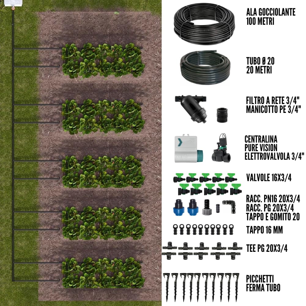 Kit Irrigazione a goccia automatico | Programmatore Rain Pure Vision + Elettrovalvola 9V | Kit Ala Gocciolante 100 Mq Passo 20 | Passo 30 | Passo 40 cm orto giardino Completo di Filtro (Passo 30)