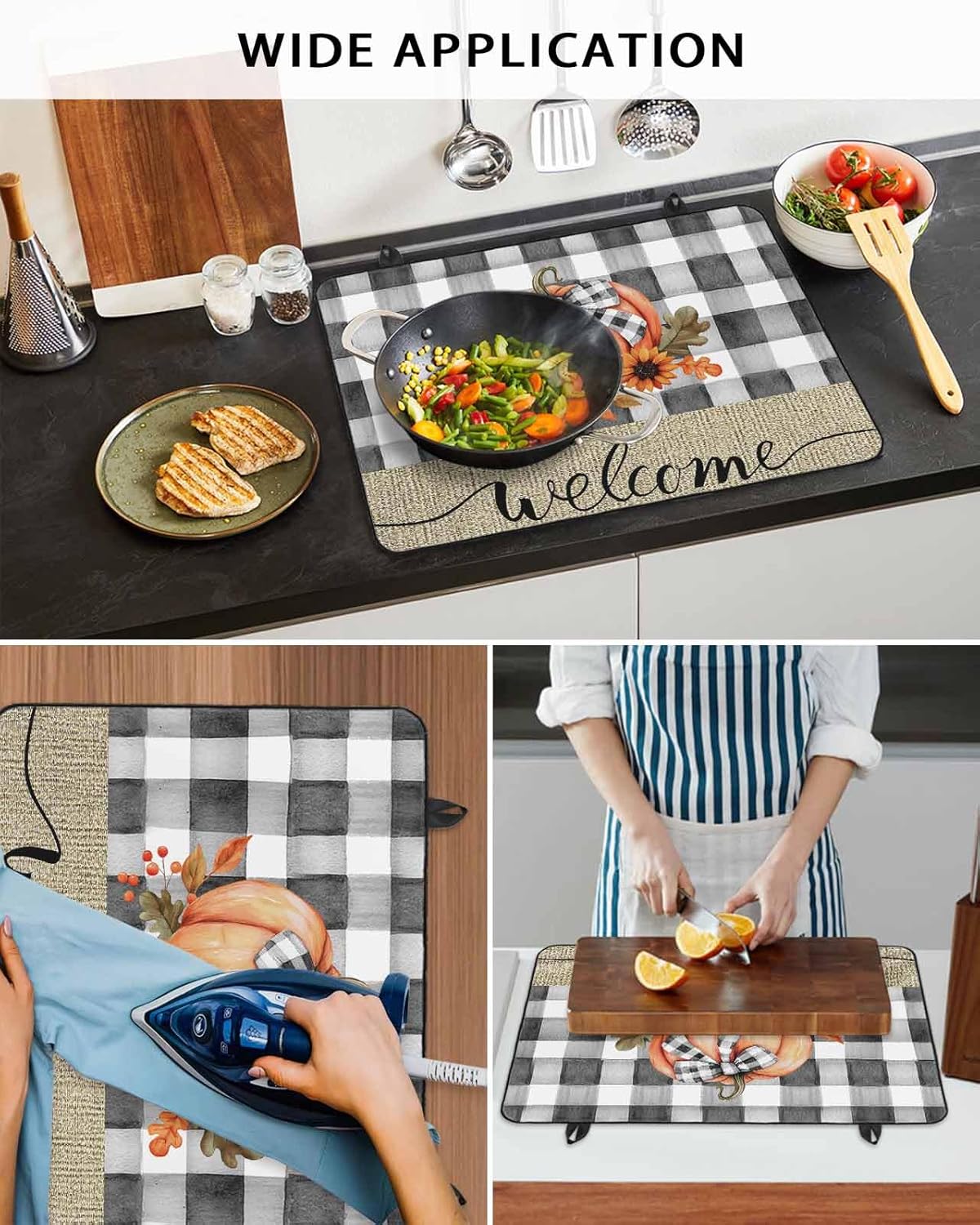 Stove Cover for Electric Stove, Fall Thanksgiving Watercolor Pumpkin Black White Plaid Stove Top Cover for Glass Top, Heat Resistant Rubber Mat Foldable Cooktop Cover Top Protector, 36"x21"
