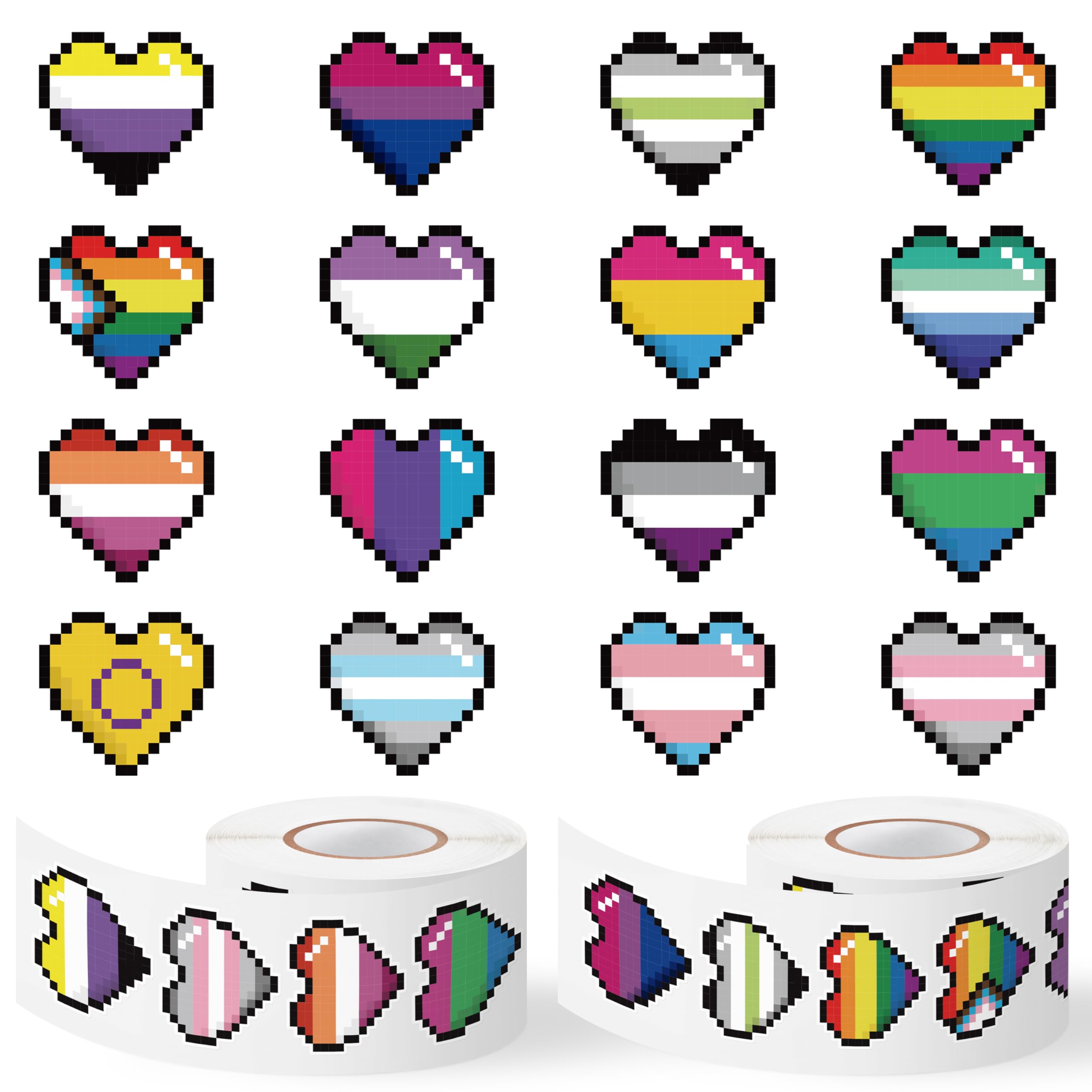 BkeeCten 1000pcs LGBTQ Pride Month Heart-Shaped Sticker Roll (2 Rolls), Rainbow Pixel Heart-Shaped Decorative Sticker Decals, 8-Bit LGBTQ+