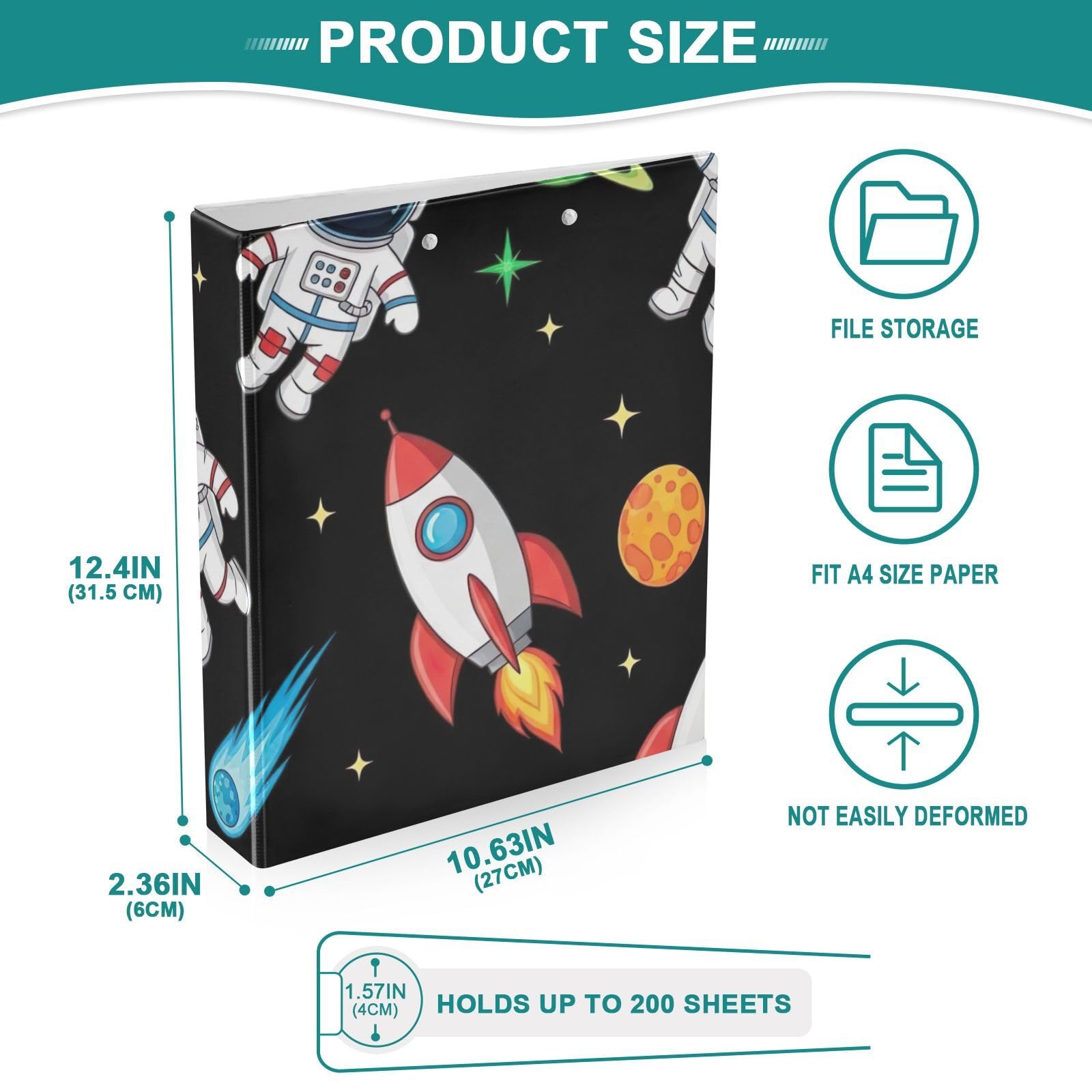 Space Astronaut Rockets Black Three Ring Binder 1.5 Inch, Flexible D Ring Binder with Pockets, 3 Ring Binders for School, College, Office