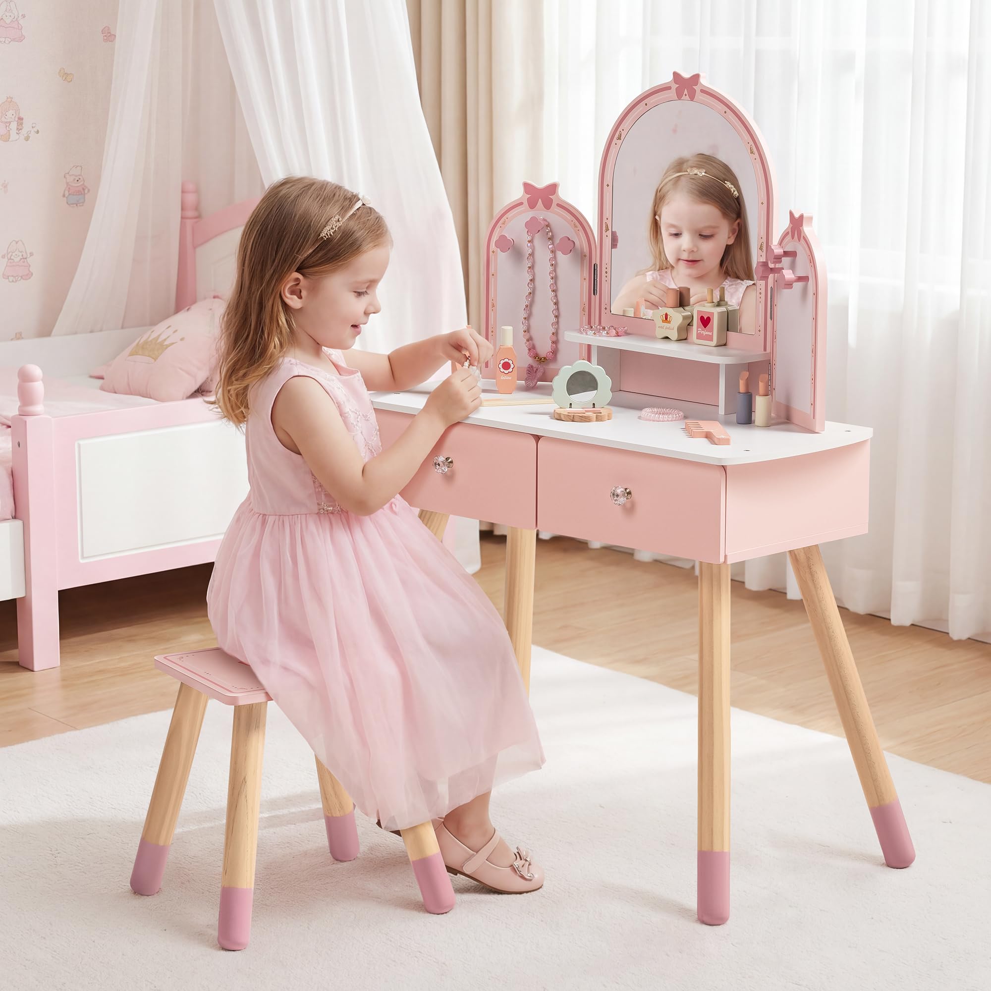 ROBUD Kinder Schminktisch mit Hocker: Mädchen kinderschminktisch mit Spiegel, Rollenspiel Schminktisch für Kinder, Frisiertisch mit Schublade und Zubehör für Kinderschminke, ab 3 Jahren (Rosa)
