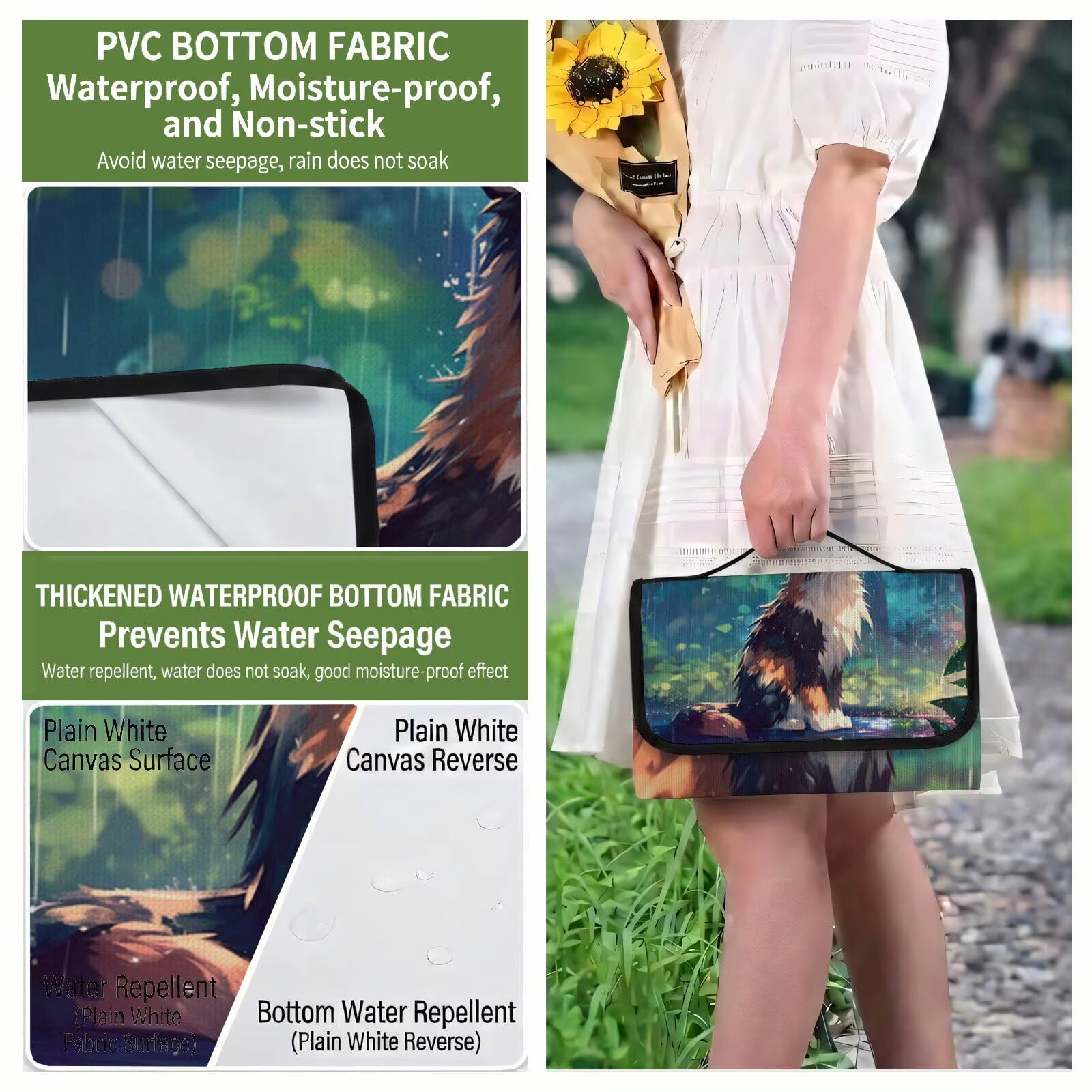 Couverture Pique Nique Grande 200x300cm,Outdoor Couverture Imperméable,Pliable Tapis de Plage Dos en PVC,Picnic Blanket pour Camping Accessoires,Jardin,Parc,Famille - Les chats sont mignons (9) UZ-646