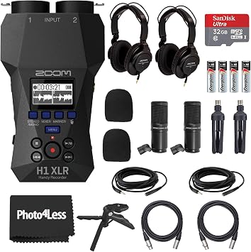 Zoom H1 XLR Handy Recorder, Bundle with 2X Zoom ZDM-1 Podcast Microphones, 2X Headphones, 2X Windscreen, 2X XLR Cable, 2X Tabletop Stand, Tripod Grip, 32GB Micro SD Card, AA Batteries 4 Pack