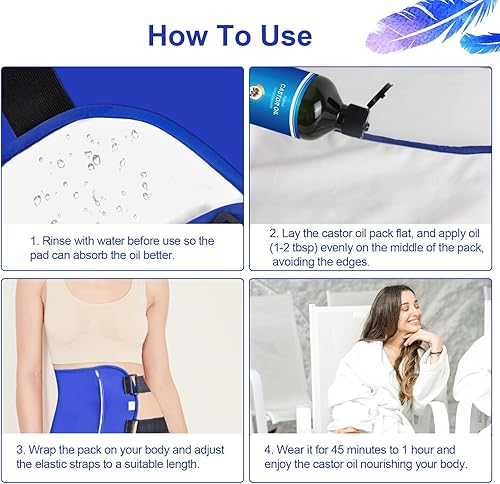 Miniatura 8 de Paquete de aceite de ricino, paquete de 4 paquetes de aceite de ricino de franela de algodón orgánico, kit de almohadillas de aceite de ricino
