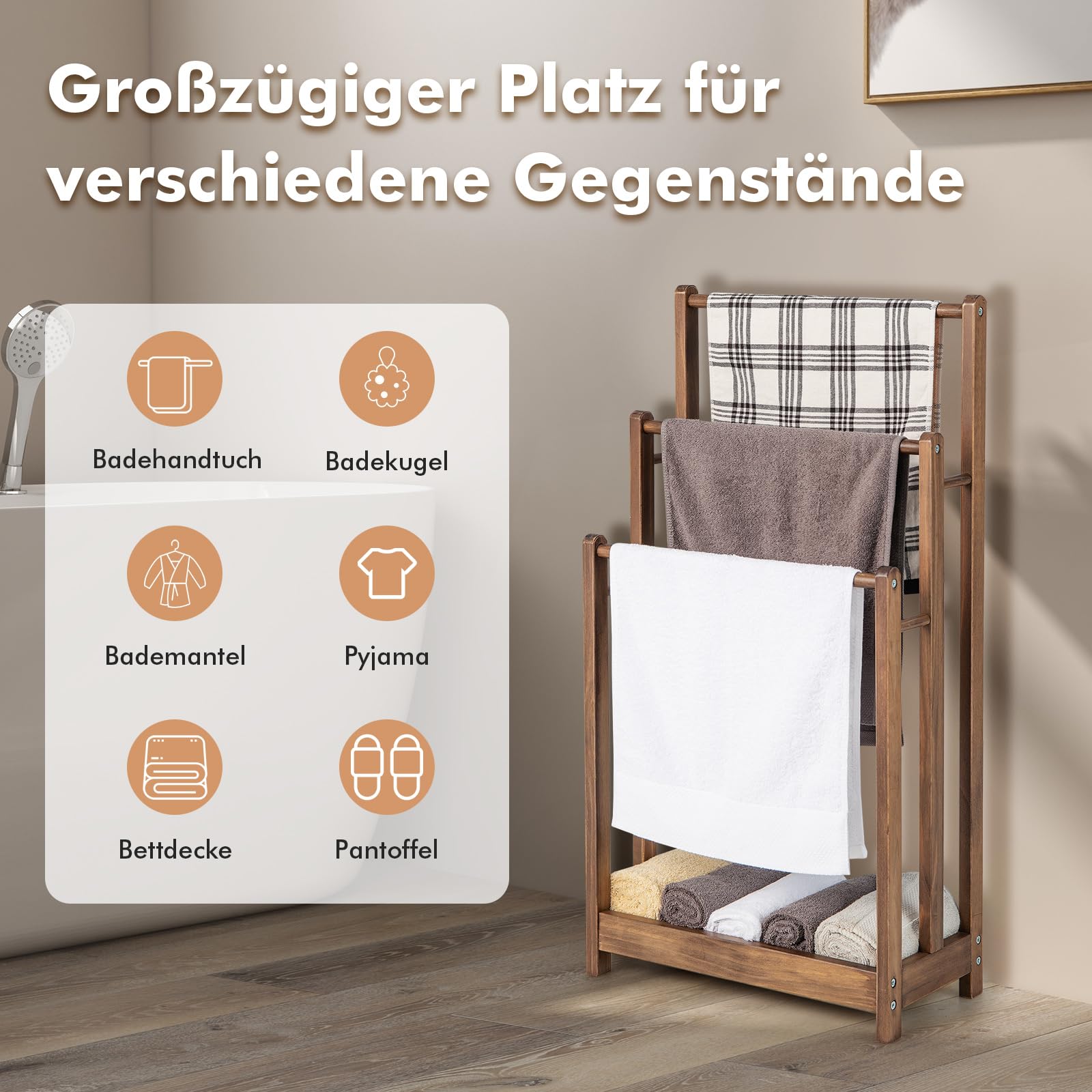 GOPLUS Handtuchhalter aus Holz, Handtuchständer freistehend mit 3 Handtuchstangen & Ablagefach, Duschtuchhalter Badetuchhalter für Badezimmer, Hotels (Braun)