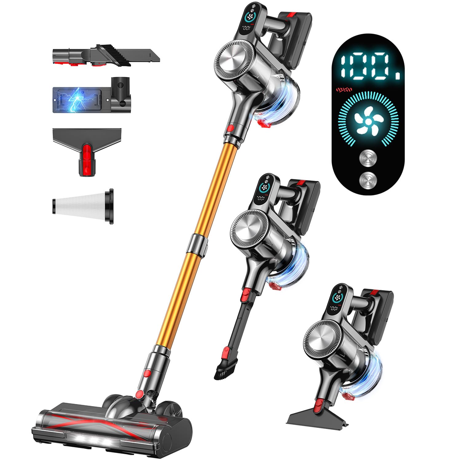 Cordless Vacuum Cleaner 45Mins Vacuum Cleaners for Home with LED Display Stick Vacuum Cordless Rechargeable Wall-mounted Charging Wireless