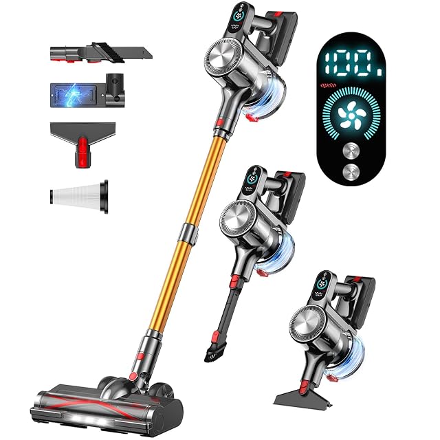 Cordless Vacuum Cleaner 45Mins Vacuum Cleaners for Home with LED Display Stick Vacuum Cordless Rechargeable Wall-mounted Charging Wireless