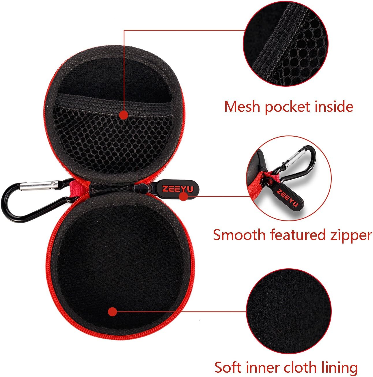 Earbud Case ZEEYU Hard Earphone Bluetooth Headphone Carrying Storage with Carabiner-Red