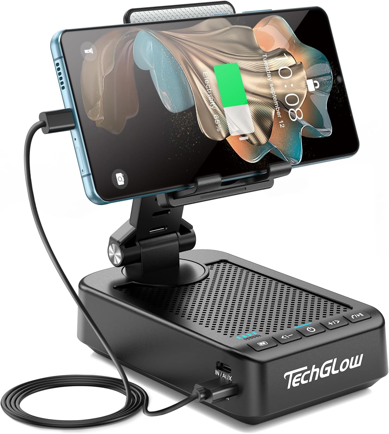 TechGlow Foldable Cellphone Stand with Bluetooth Speaker Charging Function 360° Rotatable Phone Stand Birthday Gifts for Men Women Mother Father Cool Tech Gadgets