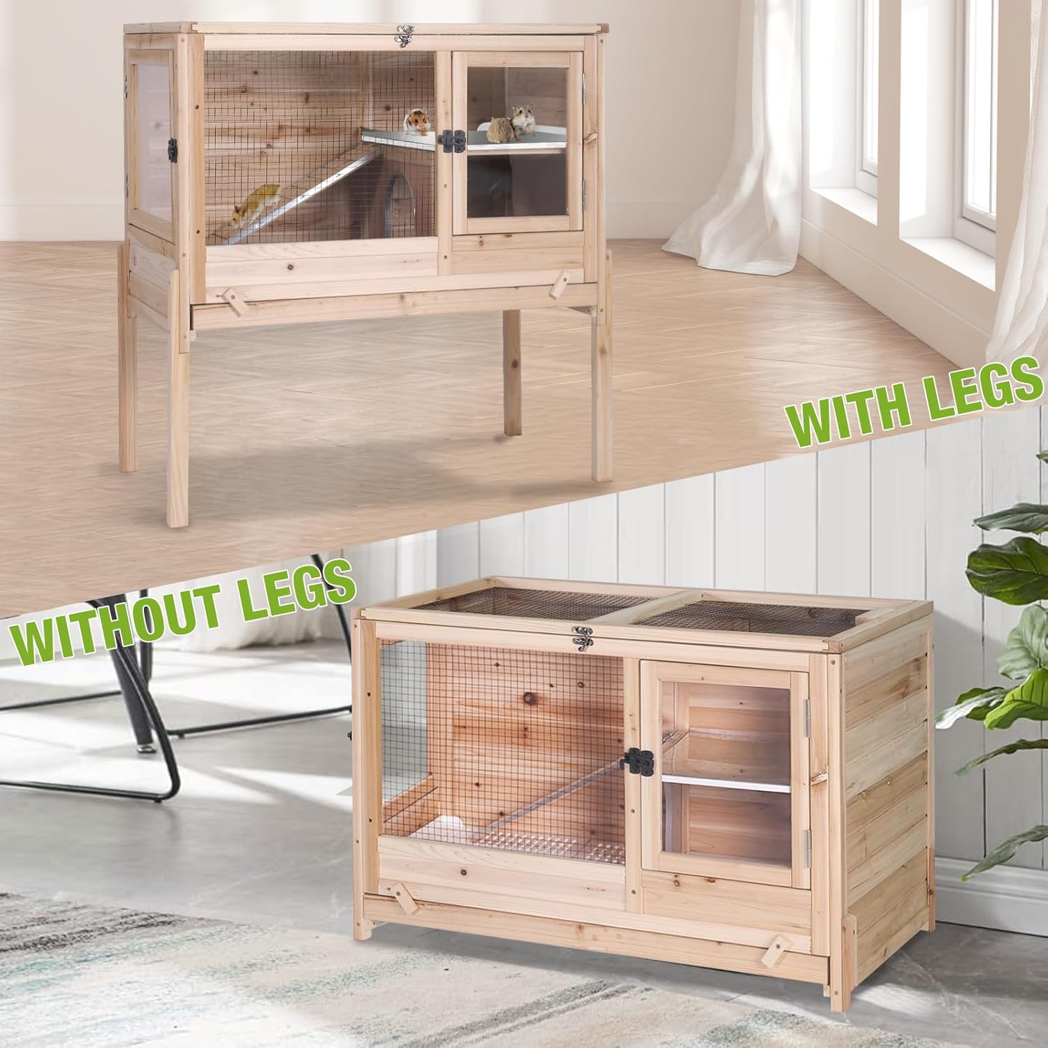 Wooden Guinea Pig Cages Indoor,Two-Story Wooden Rabbit Cage Hutch with Removable Stand and Pull Out Tray, Small Animals Cage Habitat with Ramp and Plastic Mesh(Natural Wood Color)