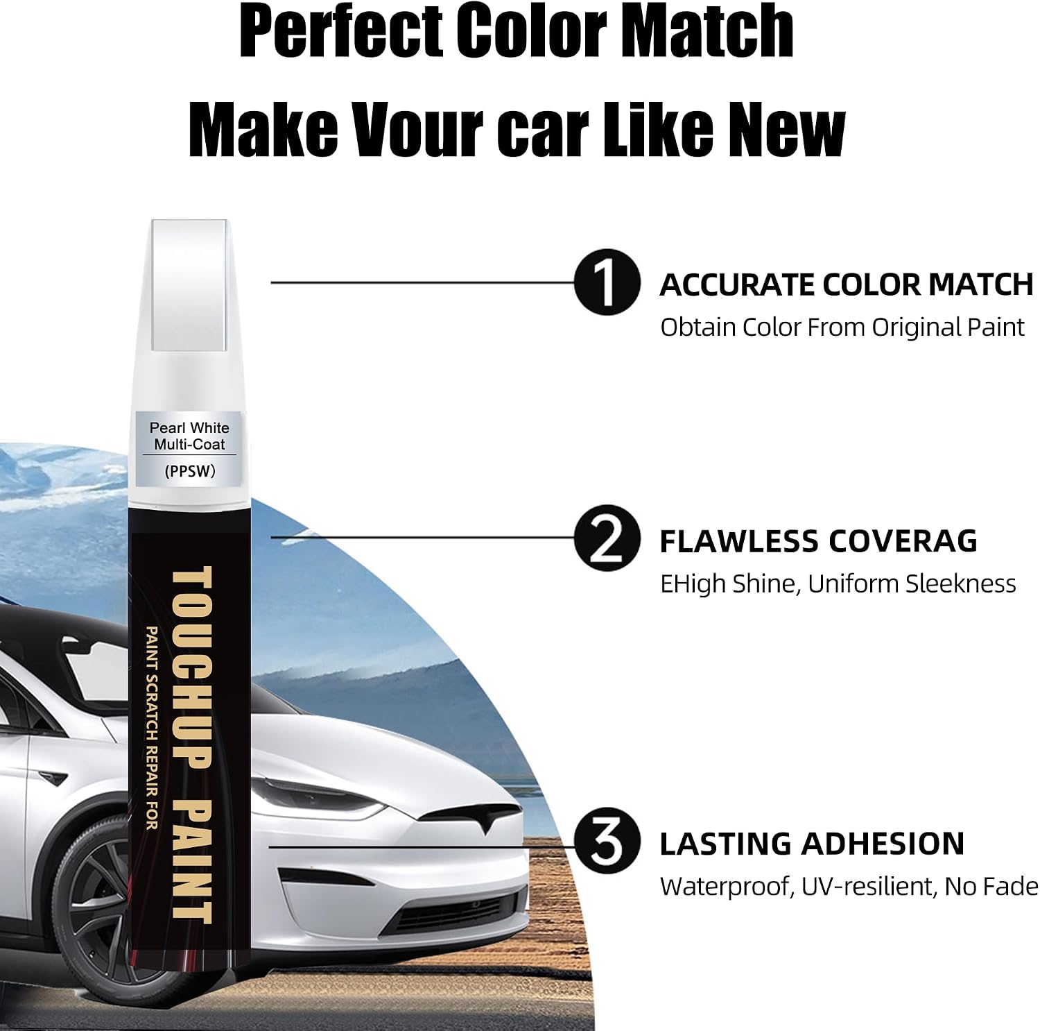 Pearl White Multi-Coat(PPSW) Car Paint Touch Up Pen Compatible with Tesla,2-In-1 Color Accurate Touch Up Car Scratch Repair Paint Match Tesla Series Automotive Scratch Remover for Nicks & Chips Repair
