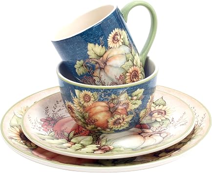 Autumn Breeze 16-Piece Ceramic Dinnerware Set, Service for 4 Celebrate fall gatherings with sunflowers, pumpkins, and rich harvest hues, perfect for cozy dinners and festive autumn tablescapes