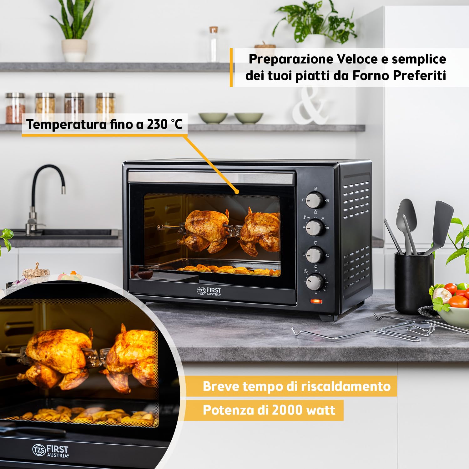 TZS First Austria - Mini Forno 60L 2000W - Fornetto spazioso per pizza con temperatura fino a 230°C e 6 modalità - Con timer di 60 min, 4 altezze di inserimento, teglia, griglia e spiedo rotante
