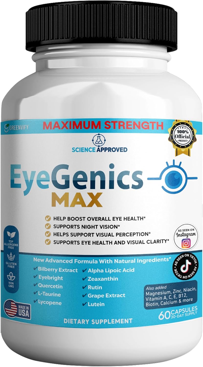 EyeGenics Max Vision Support Supplement, 60 Capsules, Maximum Strength Eye Health Formula with Lutein, Bilberry Extract, Vitamins (2)