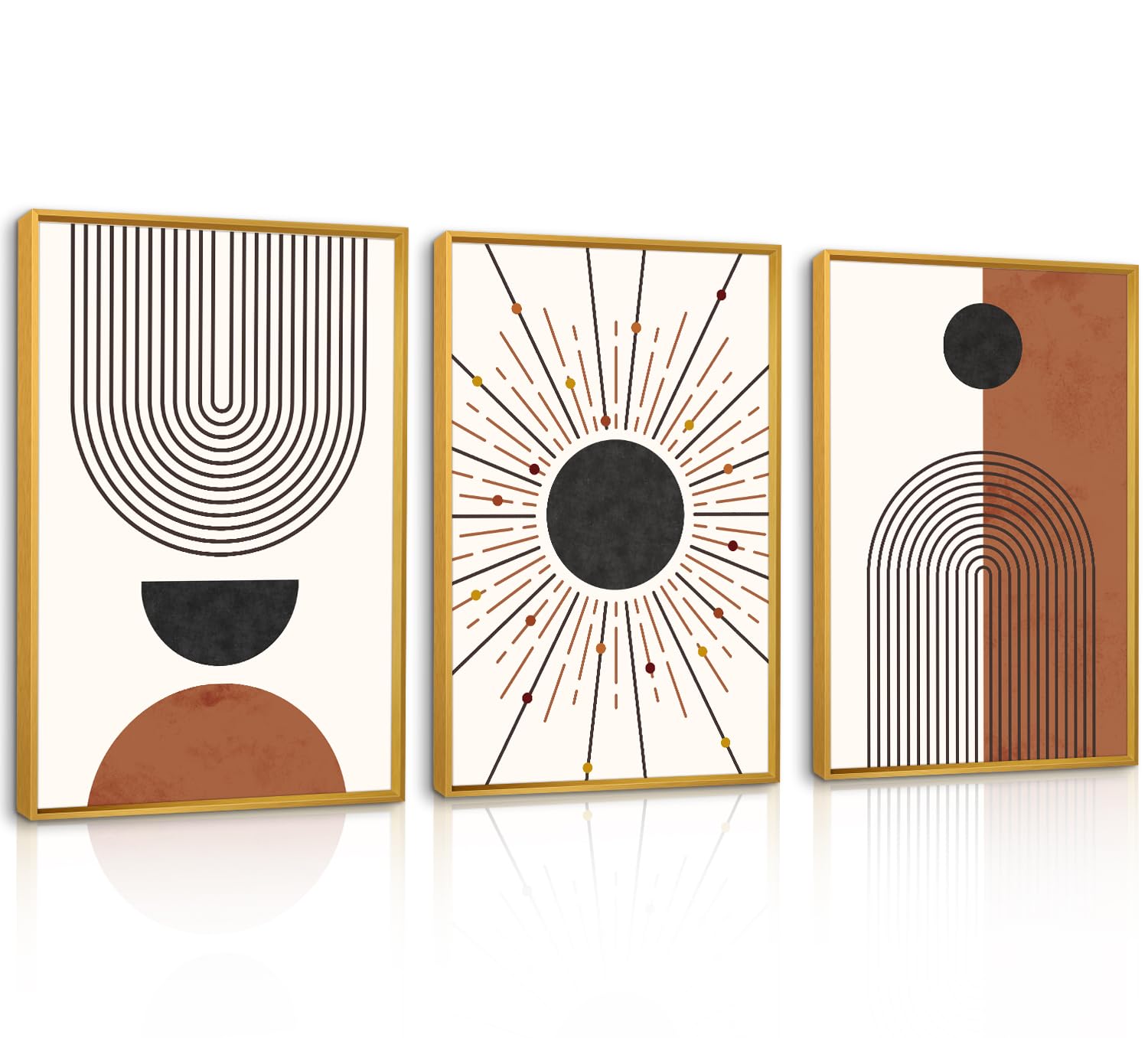 Minimalist Boho Framed Canvas Wall Art Set, Neutral Geometric Line Sun Wall Decor, Mid Century Wall Painting, Abstract Modern Bohemian Art Print for Living Room, Bedroom, Office -24"x36"x3