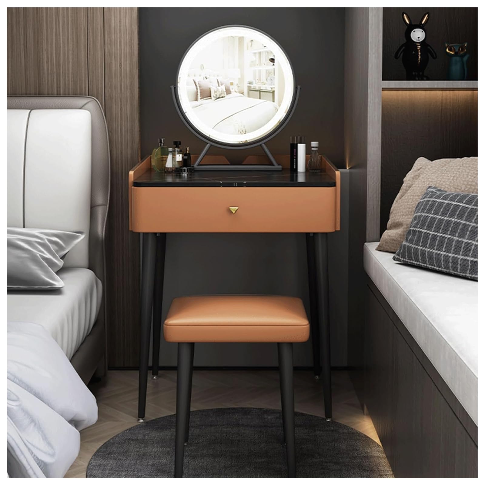 Set da trucco in ardesia nera con specchio e illuminazione, sgabello imbottito, semplice tavolo da toeletta per la casa e la camera da letto, design robusto, perfetto per gli amanti della bellezza
