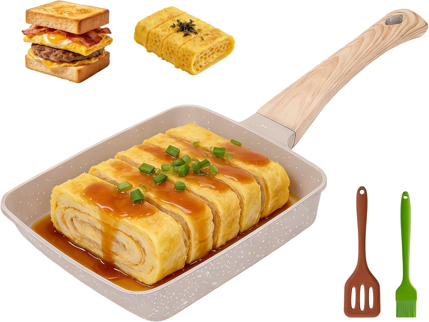 Nonstick Tamagoyaki Pan Japanese Egg Pan, 6"x7" Cream White Granite Stone Omelette Pan, PFOA Free Rectangular Frying Pan with Silicone Spatula & Oil Brush, Induction Compatible