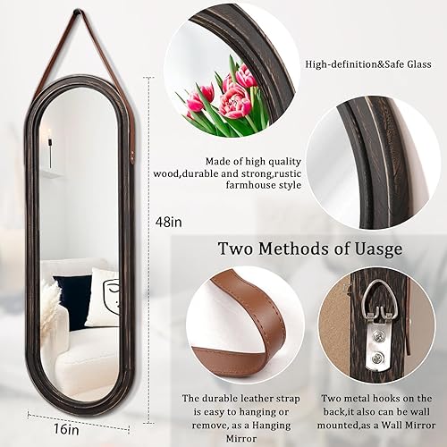 Miniatura 2 de AAZZKANG Espejo retro de cuerpo entero con marco de madera con correa de cuero de 48 x 16 pulgadas, espejo grande ovalado para dormitorio, sala de