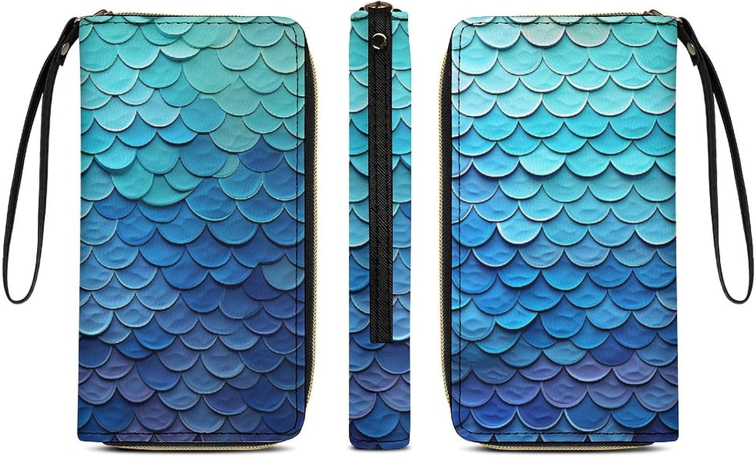 Womens Wallet Sea Blue Mermaid Fish Scale Printed Wristlet Wallets for Women Large Capacity Credit Card Holder Ladies Phone Clutch Leather Zip Around Clutch Wallet