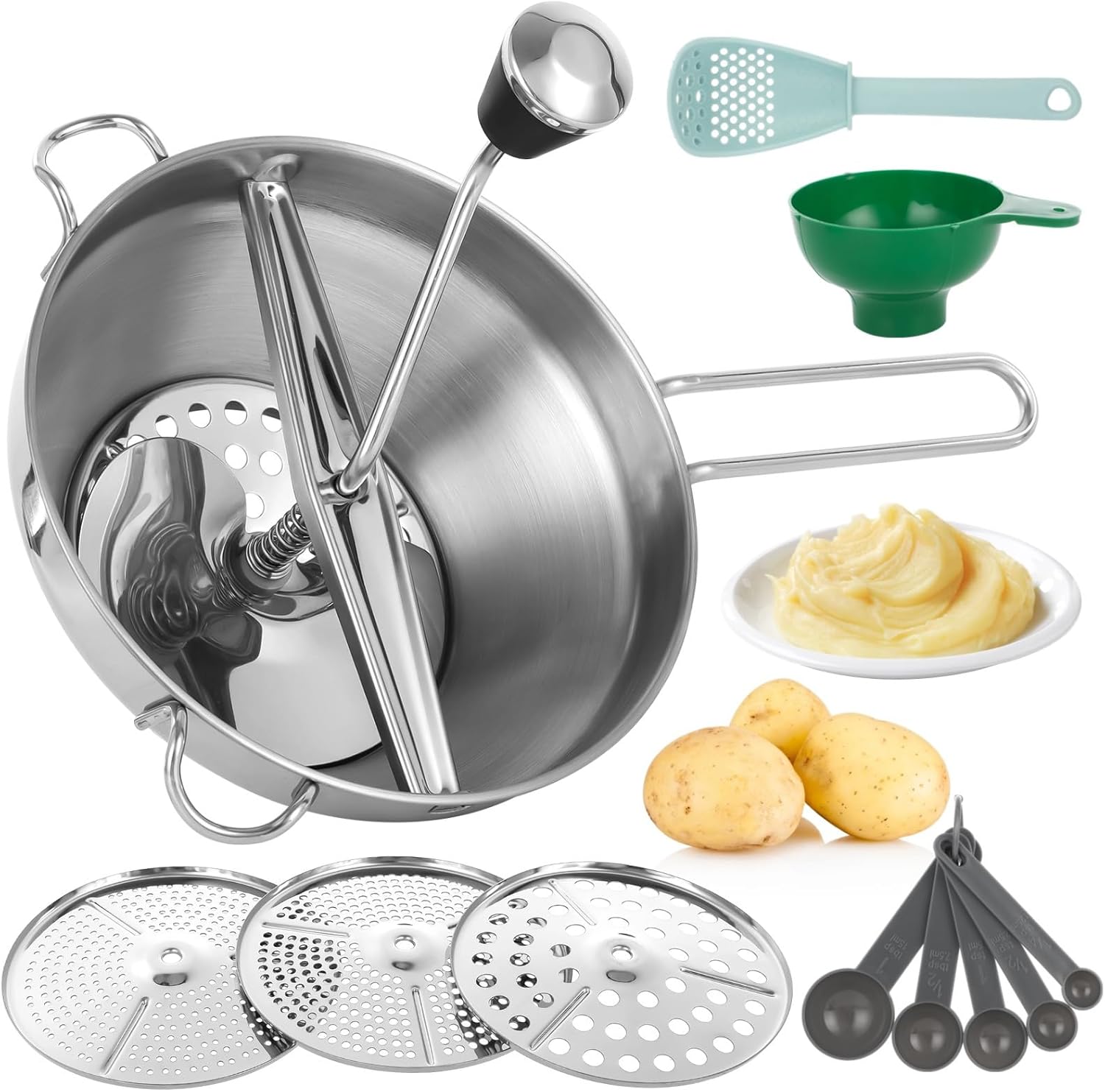 Hand Crank Food Mill Set, Stainless Steel, 3 Discs, Funnel, Spoon Set for Tomato Sauce, Potatoes, Jams