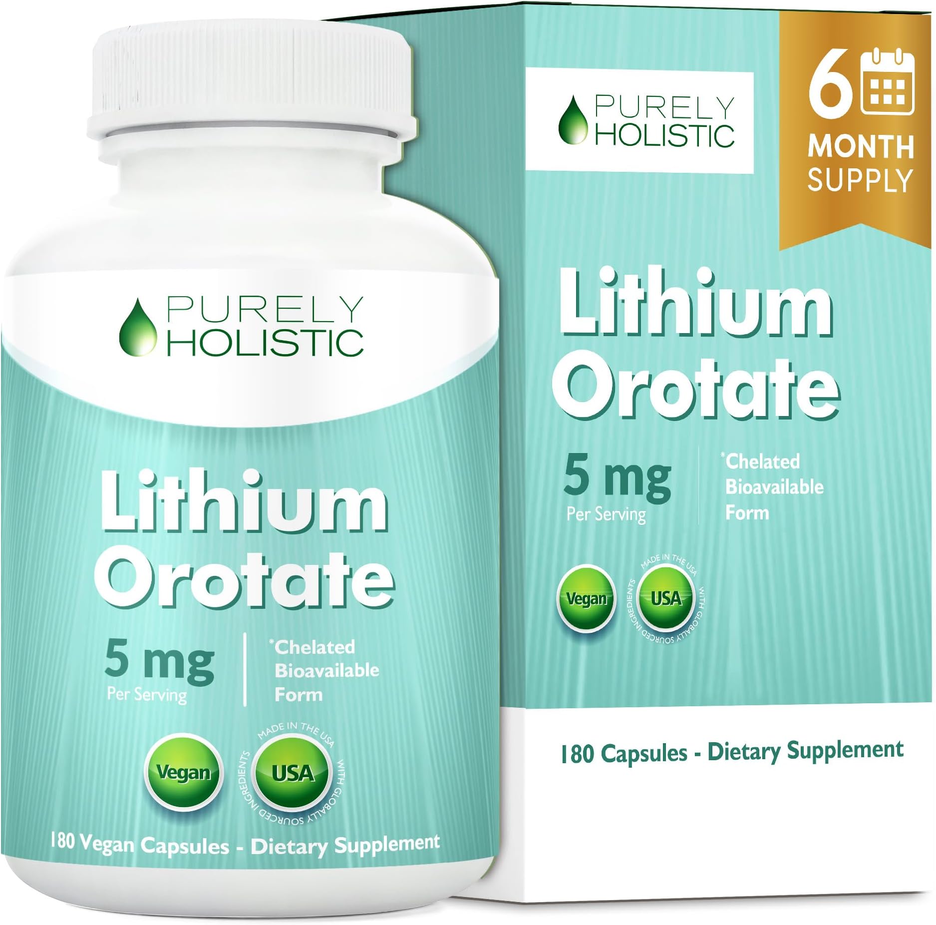 Lithium Orotate 5mg, 180 Vegetarian Lithium Capsules, Supplement Lithium Orotate 5mg, 180 Vegetarian Lithium Capsules, Helps Maintain Healthy Mood, Behavior Memory and Wellness