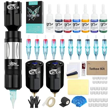 Tattoo Kit, Professional Tattoo Gun Wireless 2600mAh 2*Batteries, Tattoo Kits with Everything, Tattoo Gun Kit Rotary Tattoo Gun for Starter, Artists, Cartridge Needles Tattoo Ink Fake Skins
