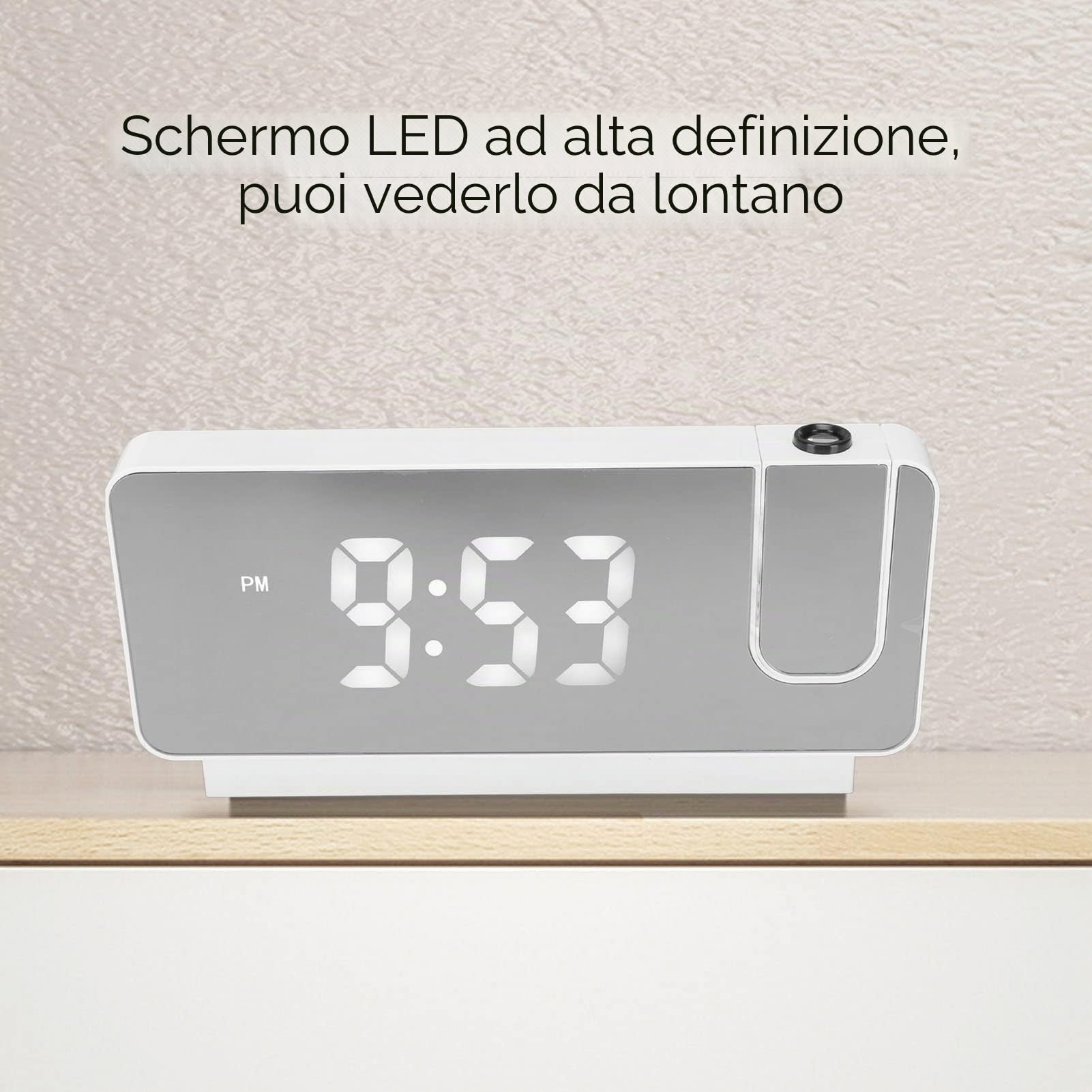 Orologio Digitale con Proiezione LED per Camera da Letto, Sveglia con Display di Ora, Data e Temperatura, Proiettore Regolabile 180° per Parete e Soffitto, USB Caricabile (Bianco)