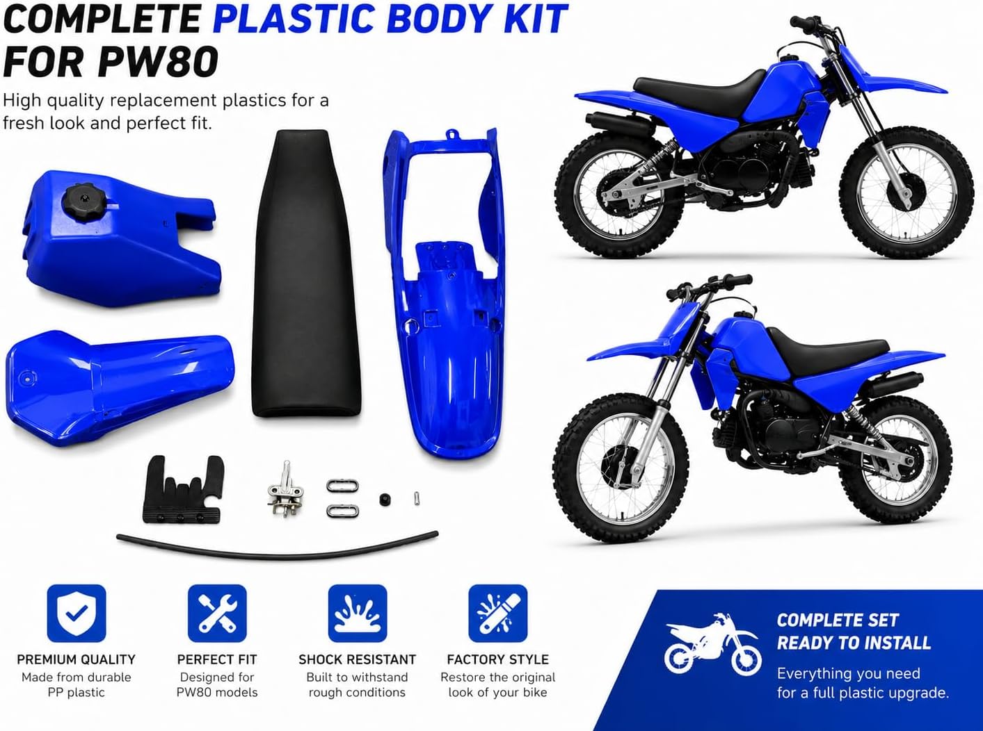 PW80 Plastic Fairing Kit with Fuel Tank & Seat, OEM Replacement Body Kit for Yamaha PW80 PW 80 Peewee 80 Y-Zinger 80（BLUE）