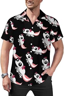 Cartoon White Axolotl Mens Shirts Hawaiian Short Sleeved Cuban Collar Graphic Tees Tops