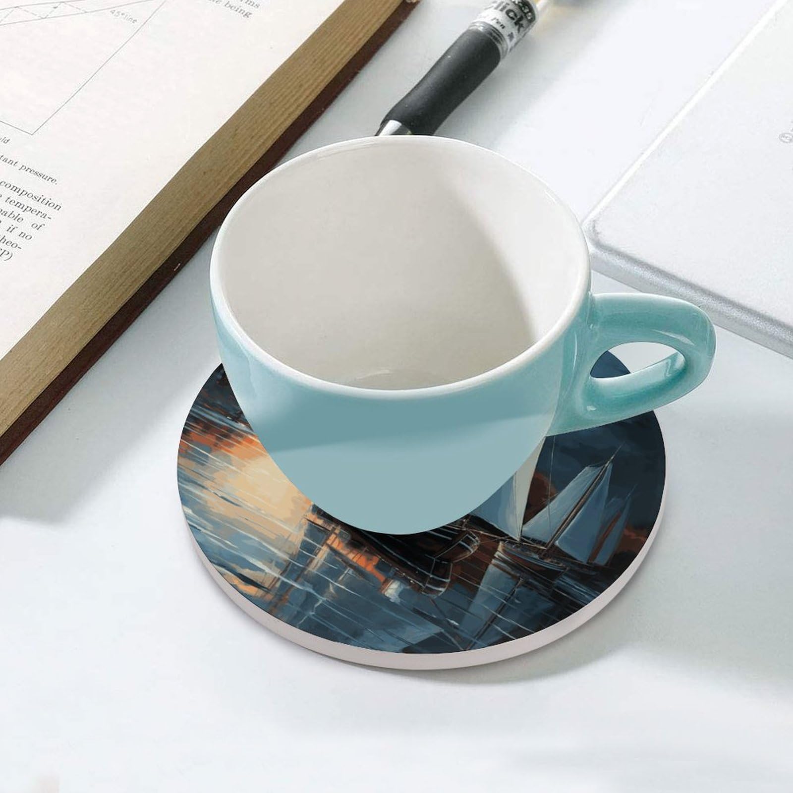 Sottobicchieri in ceramica con supporto per tavolino da caffè, con base in sughero, per bevande fredde o calde, 10 cm
